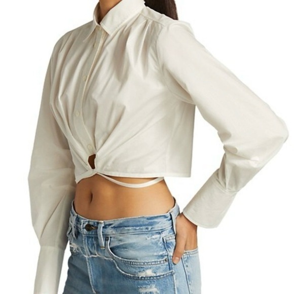 Frame White Cropped Wrap Tie Shirt  Button Up Blouse Size Small NWT Cotton - Picture 2 of 11